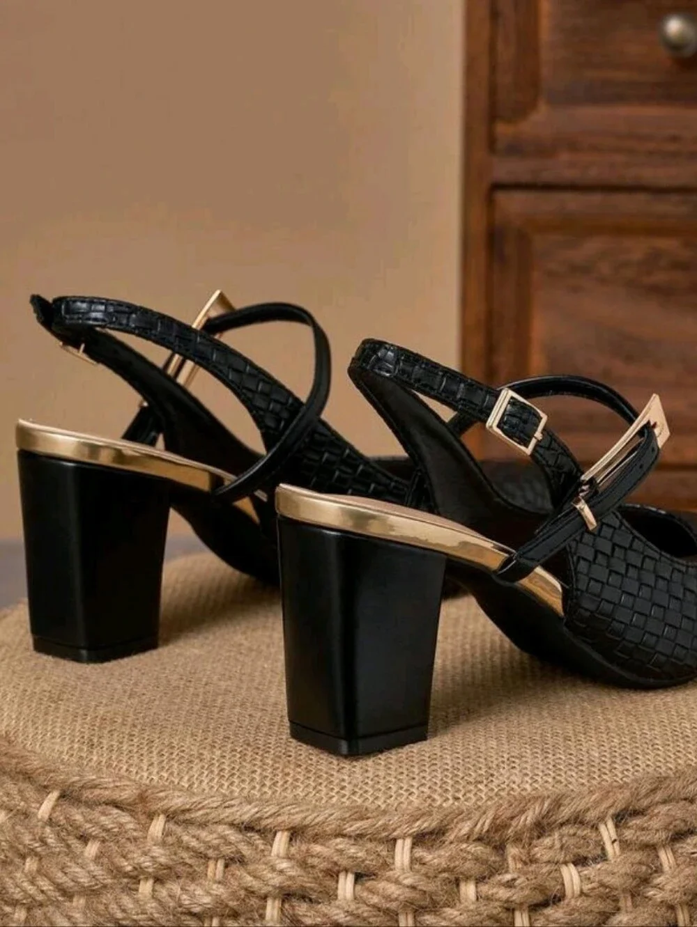 Black Woven Texture Chunky Heel Pointed Toe High Heels, Women's Shoes With
